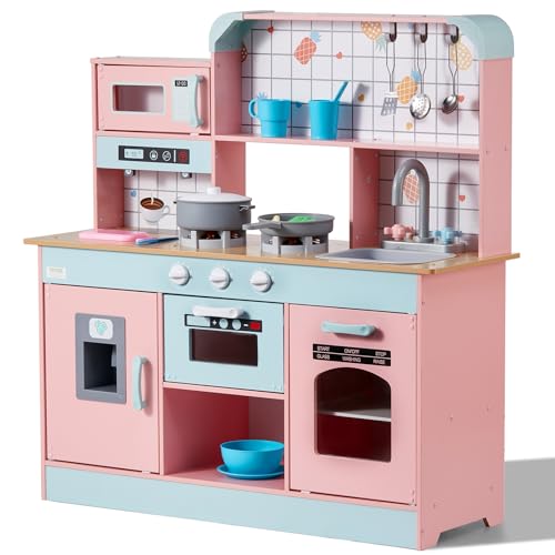 VEVOR Wooden Play Kitchen Toy with Lights, Sounds, Accessory (Pink/White)