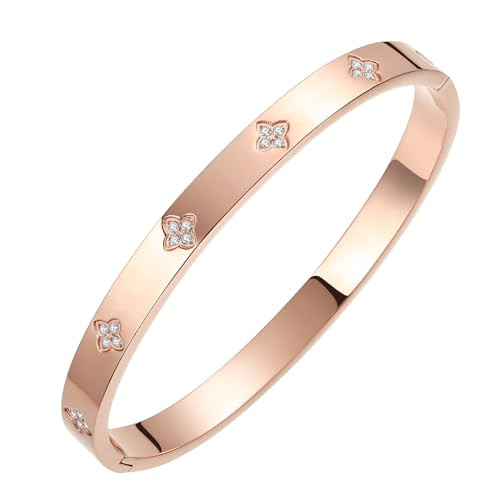 BOLAGTIER Gold-Plated Four-Leaf Clover Bangle Bracelet with Cubic Zirconia (Clover Rose Gold-Medium)