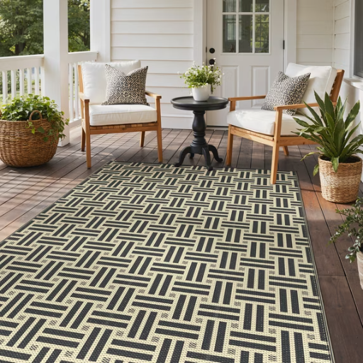 KUETH 6' x 9' Outdoor Waterproof Reversible Patio Rug, Black & Beige