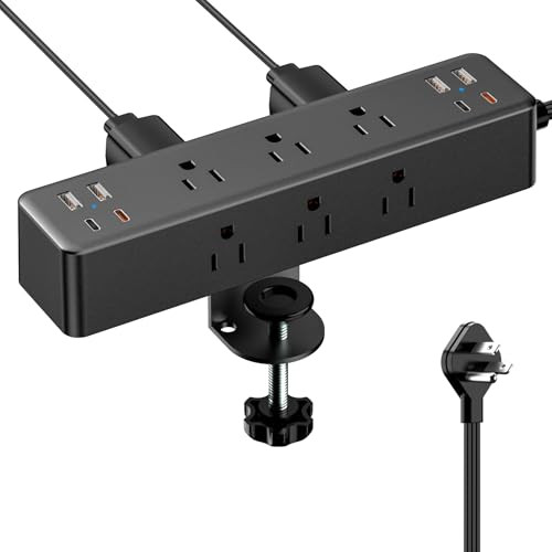 Flat Plug Desk Clamp Power Strip 10FT 40W