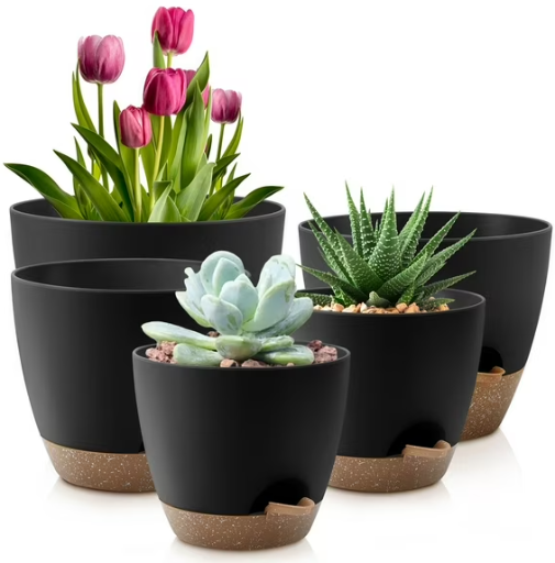 5-Pack Foukus Self-Watering Plant Pots w/ Drainage (7", 6.5", 6", 5.5" & 5") Black/White Deal