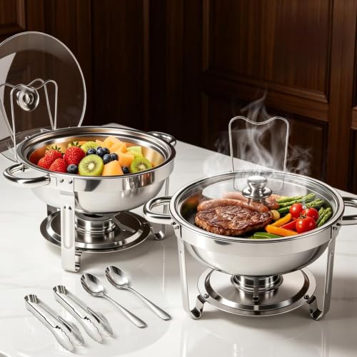 Stainless Steel Round Buffet Servers and Warmers Set - 2 Set Deal