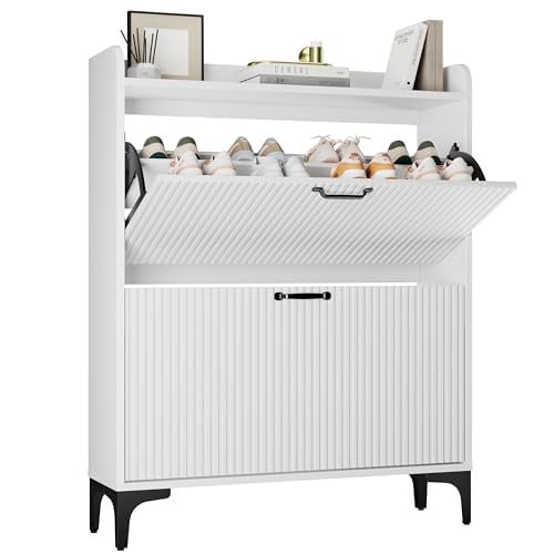 Slim Hidden Shoe Cabinet with Fluted Panel, 2 Flip Drawers Deal