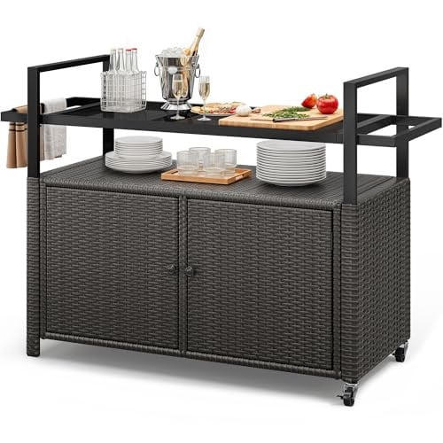 YITAHOME XL Outdoor Storage Cabinet Cart w/ Wheels & Black Glass Table Top Deal