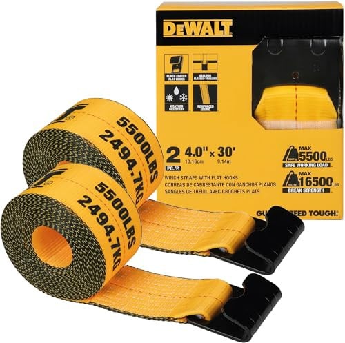 DEWALT 4" x 30' Winch Straps w/ Flat Hooks, 5,500-lb Safe Working Load: 2-Pack