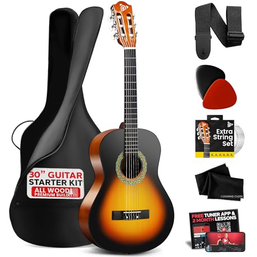 Pyle Beginner Acoustic Guitar Kit, 1/4 Junior Size, 30" Sunburst Teardrop Matte