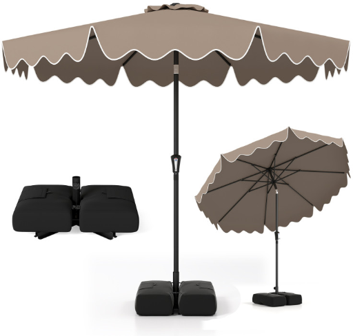 Costway 9' Scalloped Edge Patio Umbrella w/ Weighted Base & Sandbags