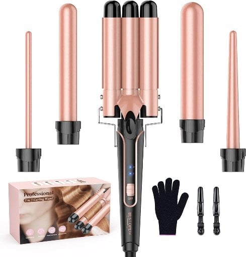 BESTOPE PRO 5 in 1 Curling Wand Set with 3 Barrel Hair Crimper Deal