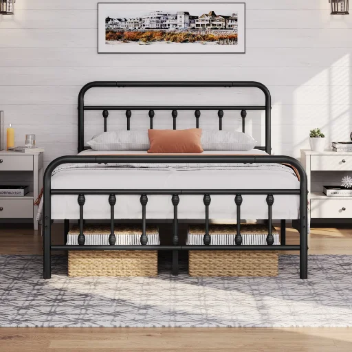 August Grove Classic Iron Platform Bed w/ High Headboard and Footboard (Queen, Black)