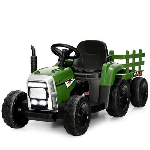 Costzon 12V Kids’ Ride-On Tractor with Detachable Trailer, 3-Gear Electric Vehicle, Remote Control & LED Lights, Ages 3+ (Dark Green)