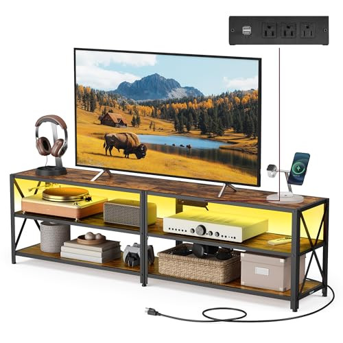 VASAGLE TV Stand with Power Outlets and LED Lights for TVs up to 75 Inches
