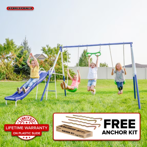 Sportspower Sierra Vista Outdoor Metal Swing Set w/ Slide, Swings & Trapeze