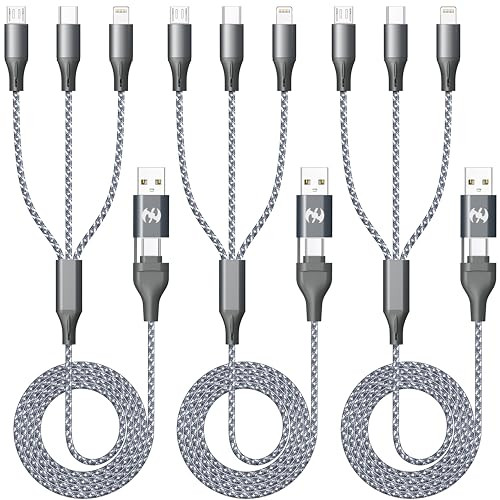 3-Pack 4' HYXing 6-in-1 Multi Fast Charging Cable w/ Type-C/Micro/Lightning Connectors & USB A/C Port