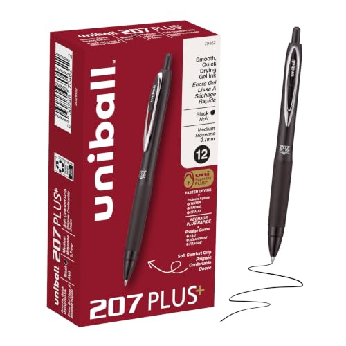 Uniball 207 Plus+ Gel Pens, Black Ink, 0.7mm Medium Point, 12 Count