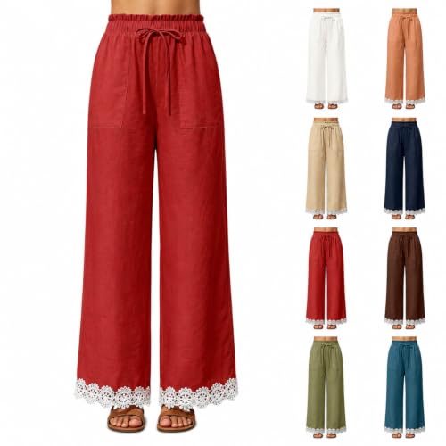 Women Lace Hem Drawstring Palazzo Pants Deal