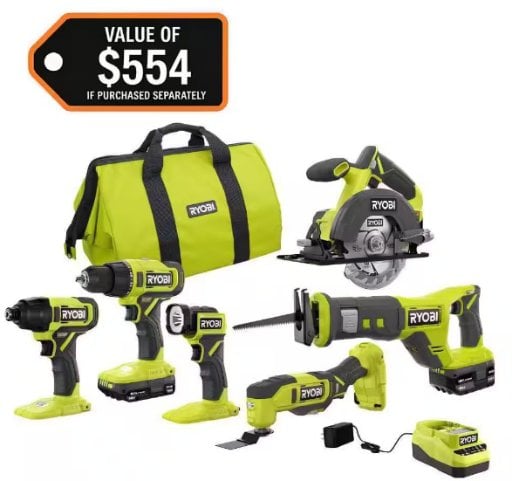 RYOBI ONE+ 18V Cordless 6-Tool Combo Kit with Compact Battery, 4.0 Ah Battery, and Charger Deal