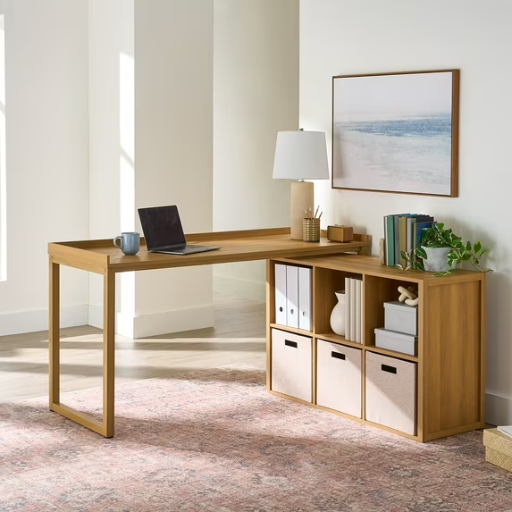 Better Homes & Gardens Ezra Modular L Desk w/ 6-Cube Storage (Light Honey Finish)