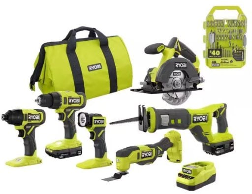 RYOBI ONE+ 18V Cordless 6-Tool Combo Kit with 1.5 Ah Battery, 4.0 Ah Battery, Charger, and Drill & Impact Drive Kit (40-Piece) Deal