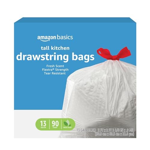Amazon Basics 13 Gallon 90-120 Count Flex-Strength Tall Kitchen Drawstring Trash Bags Deal