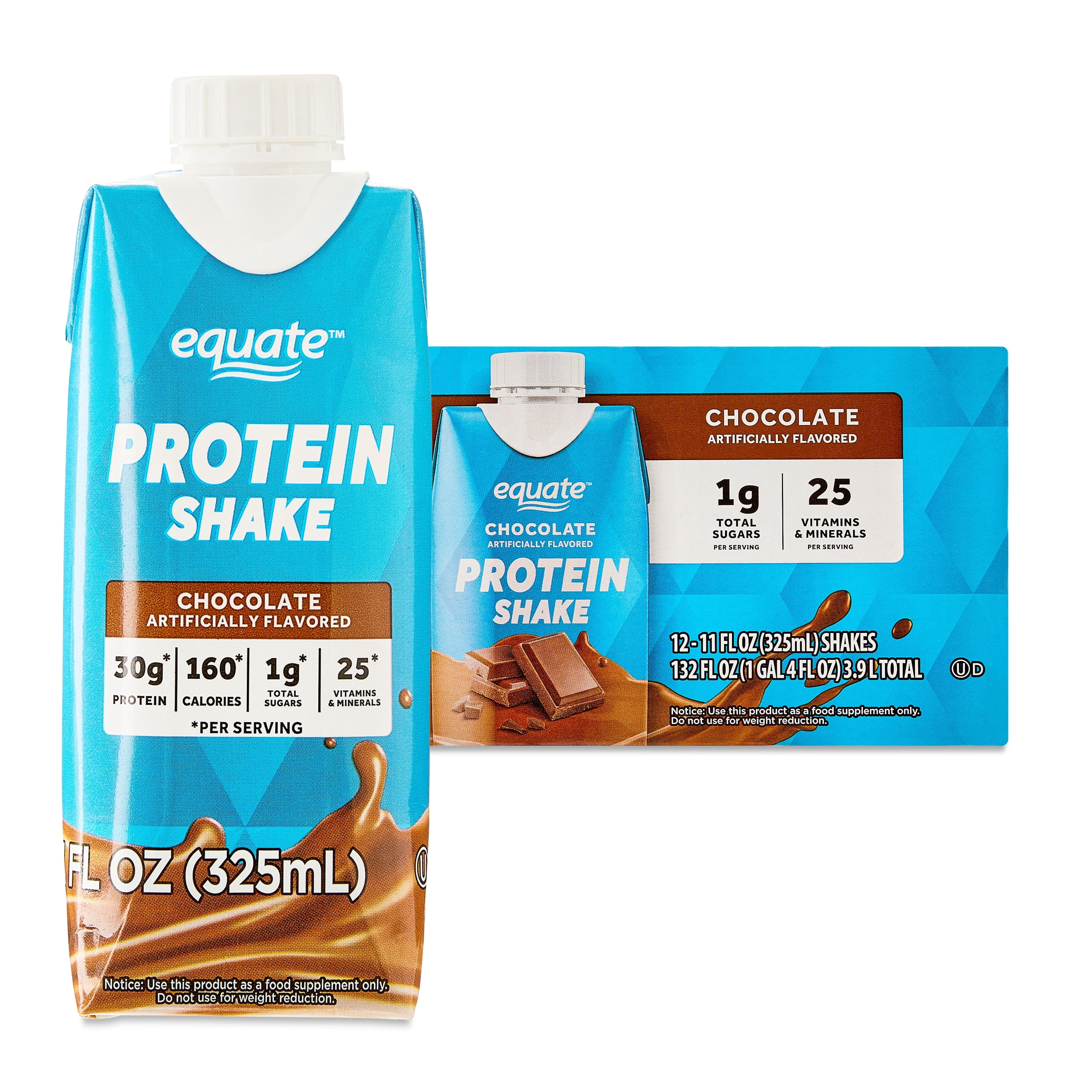 Equate 30G Protein Shake, Chocolate, Vanilla or Caramel, 11 fl oz, 12 Count Deal