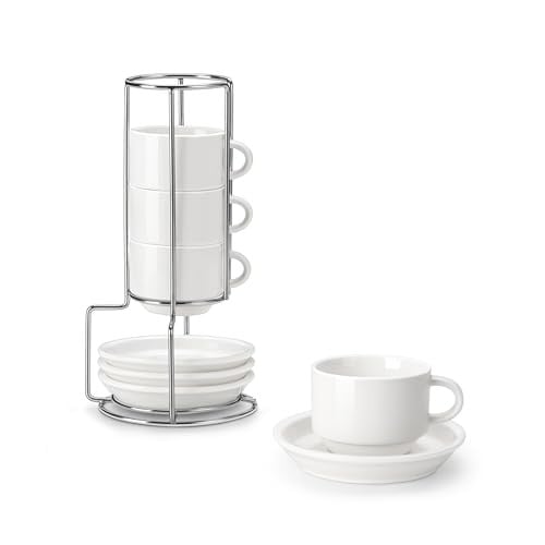 MALACASA 4-Count 2.5-Oz Porcelain Stackable Cups & Saucers Set w/ Metal Stand (White)