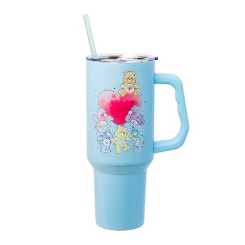 Silver Buffalo Care Bears Watercolor Double Walled Stainless Steel Tumbler w Handle & Straw, 40 Ounces