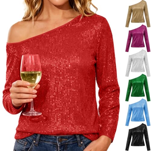 Sequin One Shoulder Long Sleeve Sparkly Tops