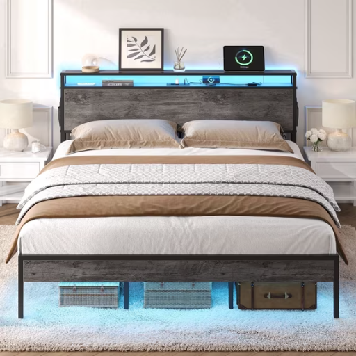 Bestier Full-Size Bed Frame w/ Charging Station & Headboard Storage (Grey) Deal