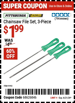 PITTSBURGH Chainsaw File Set, 3-Piece Deal