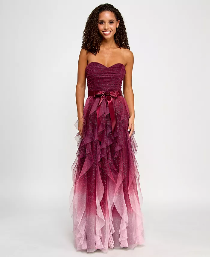 Pear Culture Juniors' Corkscrew Ruffled Strapless Gown Deal