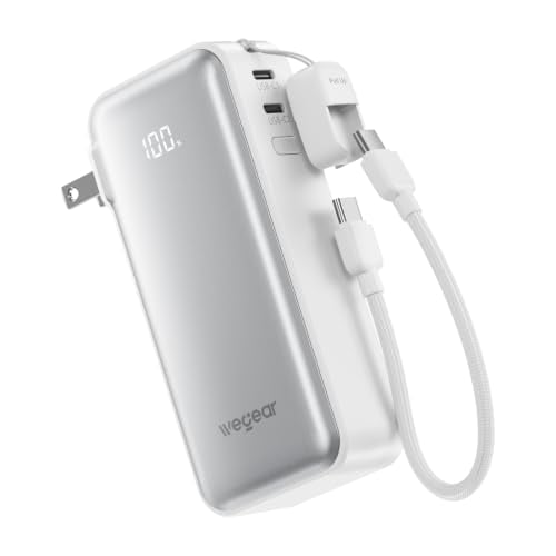 Wegear 10,000mAh 30W 3-in-1 Power Bank with Built-In Wall Plug & USB-C Lanyard (Silver) Deal