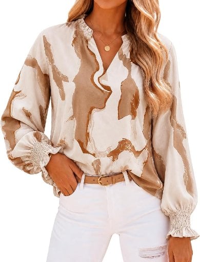BeryLove Women's V Neck Floral Chiffon Blouse with Puff Long Sleeves
