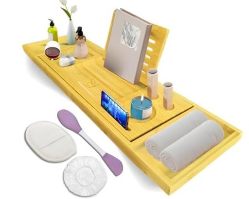 RS Sisters Collections Expandable Wood Bathtub Caddy Tray w/ Accessories
