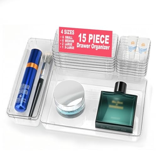 Comfylichi Clear Plastic Drawer Organizer Set (15-Piece, 4 Sizes)