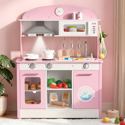 VEVOR Wooden Play Kitchen Toy with Lights, Sounds, Accessory (Pink, 29.53 x 13.39 x 38.49 inches) Deal