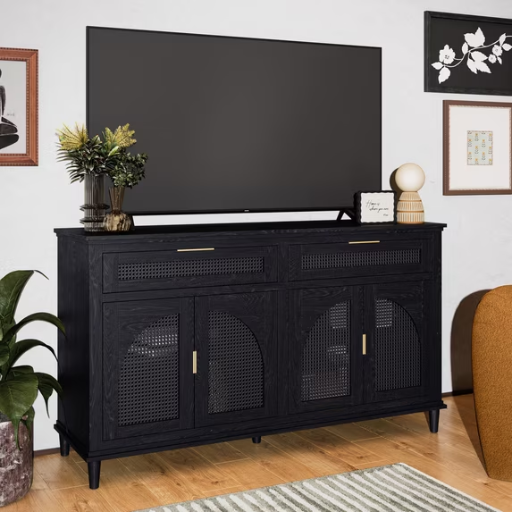 Beautiful Drew Rattan Media Console with Teched Away Drawer, Black Finish Deal