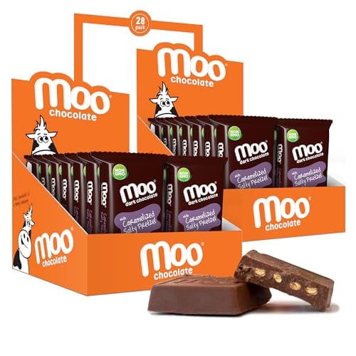 Moo Chocolates All Natural Dark Chocolate Mini Bars with Caramelized Salty Pretzel 0.7 oz, 28 ct (Pack of 2) Deal