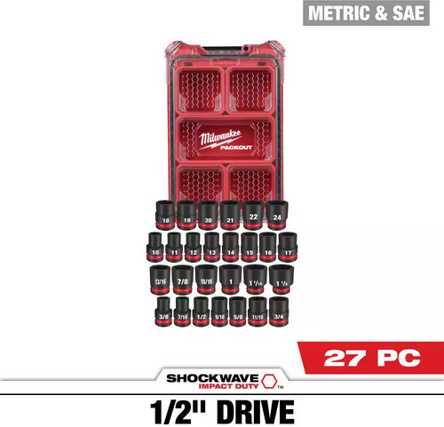 Milwaukee SHOCKWAVE Impact-Duty 1/2 in. Drive Metric and SAE Standard Impact PACKOUT Socket Set (27-Piece)