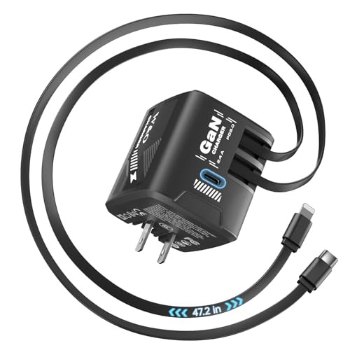 Retractable Phone Charger Wall Plug with Lightning and Type-C cables