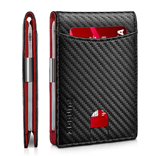 RUNBOX Slim RFID-Blocking Bifold Wallet w/ Money Clip (Holds 11 Cards, Carbon Black/Red) Deal