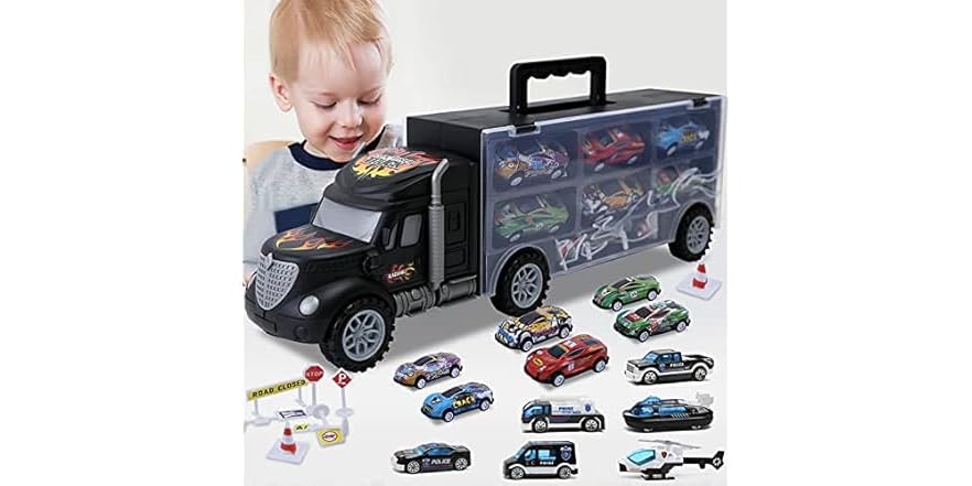 JODUDLR Large Transport Cars Carrier Set Truck Toys with 12 Die cast Vehicles Deal