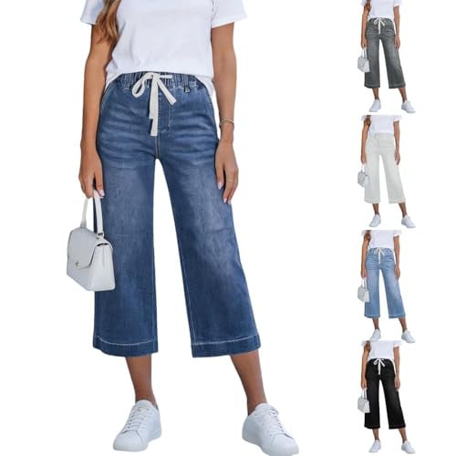 Wide Leg High Waisted Elastic Waist Denim Capris Pants Deal