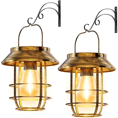 Retro Metal Solar Hanging Lanterns w/ Wall Hooks 2-Pack Deal
