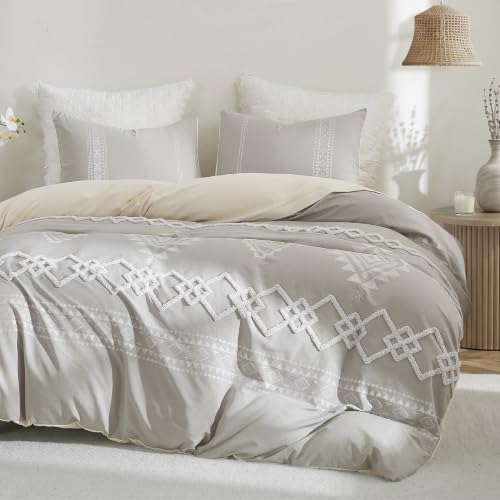 Oli Anderson Boho Queen Duvet Cover Set, Light Gray & Ivory, 3 Pieces Deal