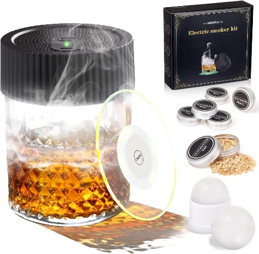 Electric Whiskey Smoker Kit with 6 Wood Flavors, LED Coasters & Ice Ball Molds