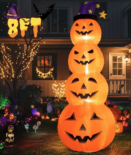 Posrue 8 ft Halloween Inflatable Stacked Pumpkins with Witch Hat