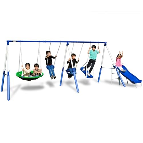 TSC Malibu Swing Set with 5ft Slide, 38" Saucer, Surfboard Swing, Standing & Blow-Molded Swing Deal