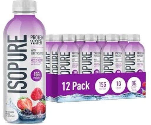 Isopure Clear Protein Water with Electrolytes, 15g Whey Protein Isolate, Mixed Berry, 20 fl oz Bottles, 12-Pack Deal