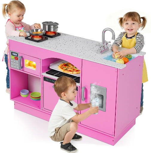 COCLUB Modern Wooden Play Kitchen Island for Kids with Electronic Light & Sound Effects
