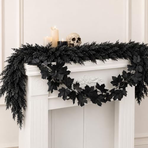 2-Pack 6' Watayo Black Halloween Cedar Garland & Maple Leaf Vine Set Deal